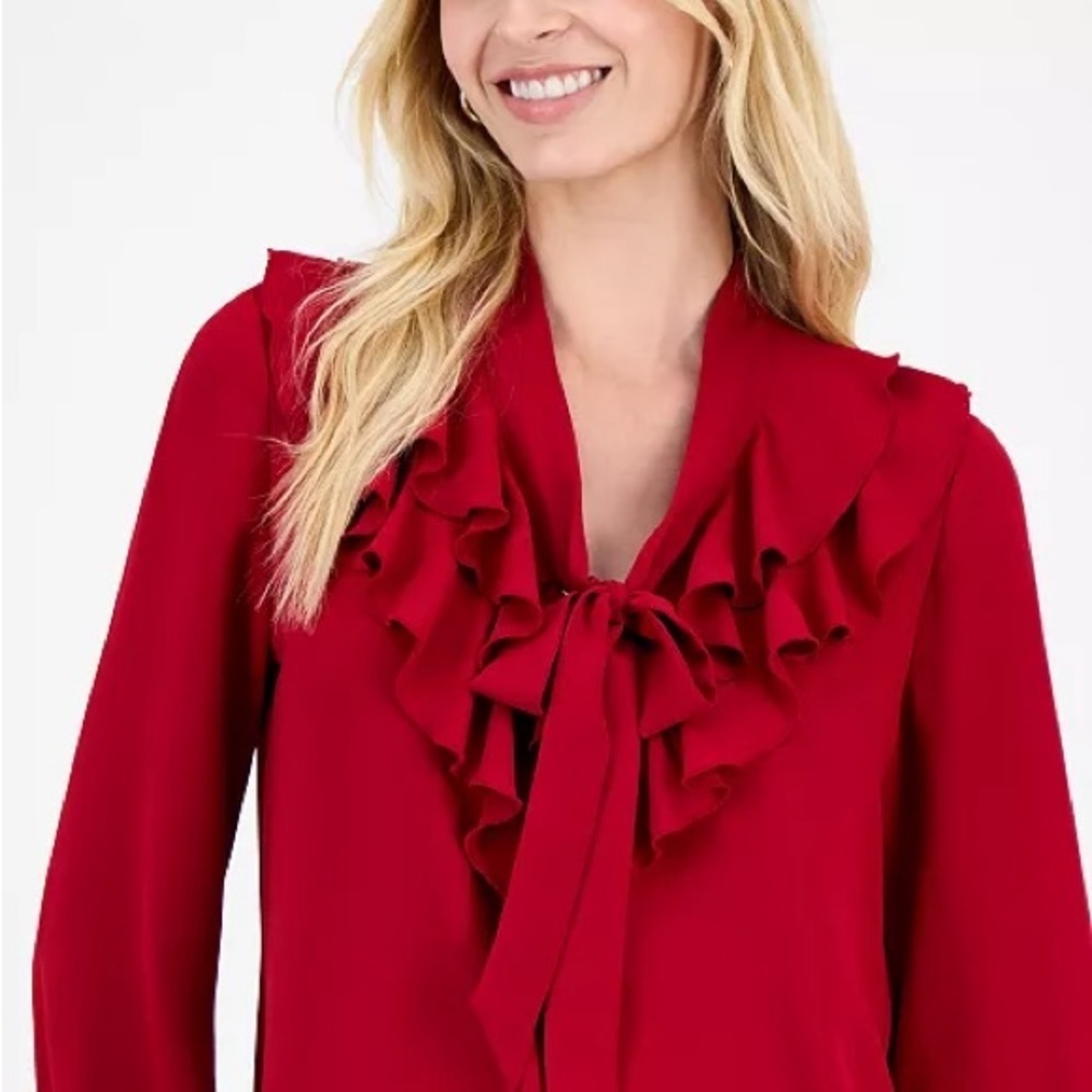 #129 KASPER RUFFLED TIE FRONT V-NECK RED BLOUSE TOP SIZE MEDIUM